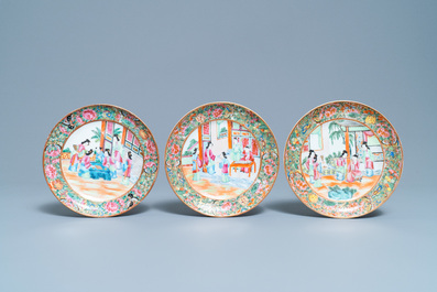 Zes Chinese Canton famille rose borden, 19e eeuw