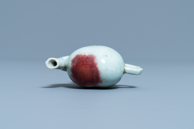 A Chinese miniature peach-shaped cadogan teapot with junyao glaze, Kangxi/Qianlong