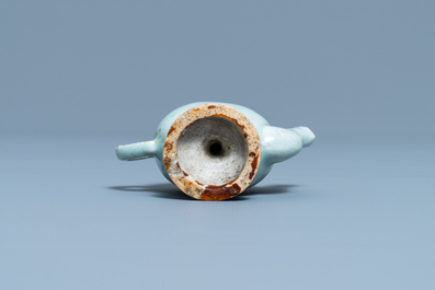 A Chinese miniature peach-shaped cadogan teapot with junyao glaze, Kangxi/Qianlong