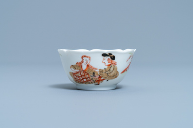 A Chinese cup and saucer with a design after Cornelis Pronk, Yongzheng/Qianlong