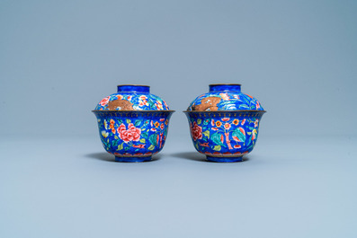 A pair of Vietnamese Phap Lam Hue enamel covered bowls on stands, 18/19th C.