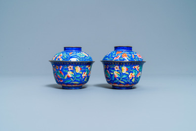 A pair of Vietnamese Phap Lam Hue enamel covered bowls on stands, 18/19th C.