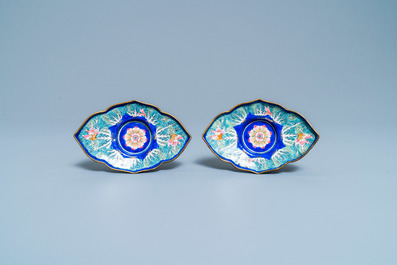 A pair of Vietnamese Phap Lam Hue enamel covered bowls on stands, 18/19th C.