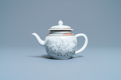 A Chinese grisaille teapot and cover with European hunters, Yongzheng