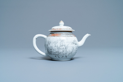 A Chinese grisaille teapot and cover with European hunters, Yongzheng
