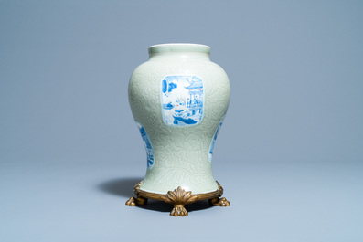 A Chinese incised celadon-glazed vase with blue, white and copper red panels, Kangxi