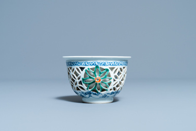 A rare Chinese famille verte reticulated double-walled cup, Kangxi