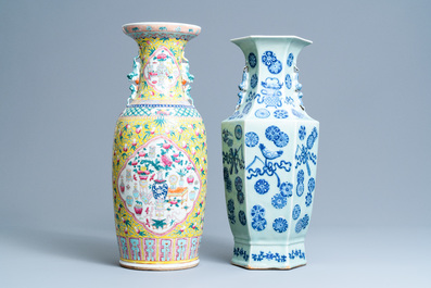 A Chinese hexagonal celadon-ground vase and a yellow-ground famille rose vase, 19th C.