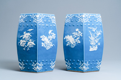 A pair of Chinese hexagonal blue-ground garden seats, 19th C.