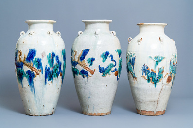Three large Chinese polychrome relief-molded martaban jars, Qing