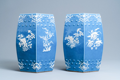 A pair of Chinese hexagonal blue-ground garden seats, 19th C.