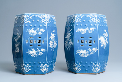 A pair of Chinese hexagonal blue-ground garden seats, 19th C.