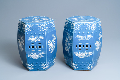 A pair of Chinese hexagonal blue-ground garden seats, 19th C.