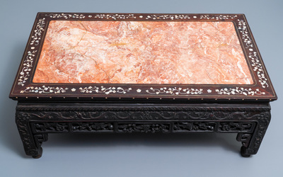 A Chinese mother-of-pearl-inlaid wooden low side table with marble top, 19th C.