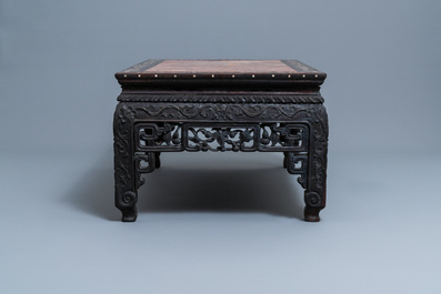 A Chinese mother-of-pearl-inlaid wooden low side table with marble top, 19th C.
