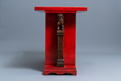 A Chinese qianjiang cai plaque mounted in a wooden table, 19/20th C.