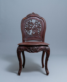 Quatre chaises en bois aux dos ajour&eacute;s, Macao ou colonies portugaises, 19&egrave;me