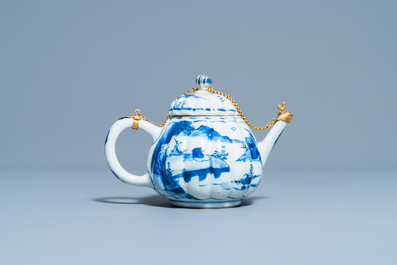 A Chinese gilt-mounted blue and white teapot and cover, Kangxi