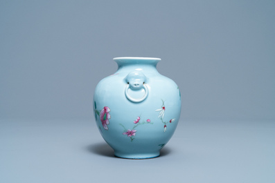 A Chinese famille rose lavender blue-ground vase, Yongzheng mark, 19/20th C.
