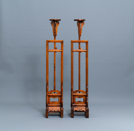 A pair of Chinese wooden lamp stands, 19th C.