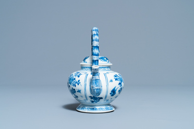 A Chinese blue and white teapot with bamboo-shaped spout and handle, Kangxi