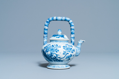 A Chinese blue and white teapot with bamboo-shaped spout and handle, Kangxi