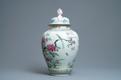 A large Chinese famille rose vase and cover with a bird on blossoming branches, Yongzheng