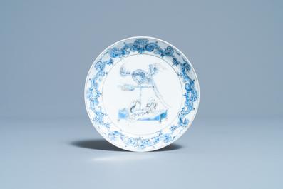 Een Chinese blauw-witte kop en schotel met decor naar Cornelis Pronk, Yongzheng/Qianlong