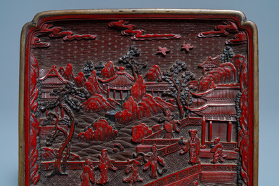 A pair of Chinese black and red cinnabar lacquer square dishes, Qianlong mark and of the period