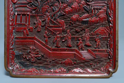 A pair of Chinese black and red cinnabar lacquer square dishes, Qianlong mark and of the period