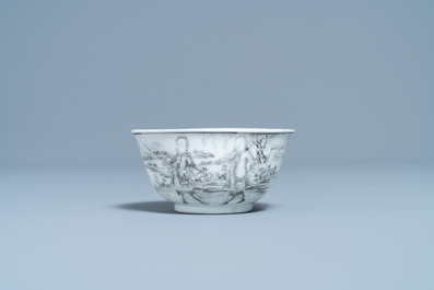 A Chinese grisaille cup and saucer with European hunters, Yongzheng