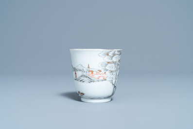 A Chinese famille rose 'romantic subject' cup and saucer, Yongzheng/Qianlong
