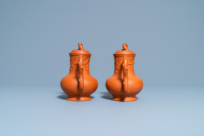 A pair of Chinese Yixing stoneware teapots and covers, Kangxi