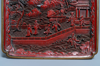 A pair of Chinese black and red cinnabar lacquer square dishes, Qianlong mark and of the period