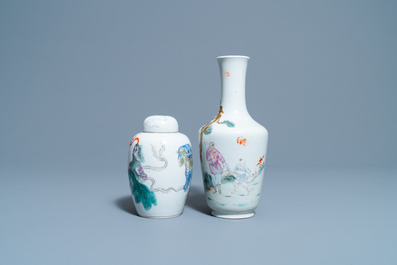 A Chinese famille rose vase and a covered jar with Buddhist lions, 19/20th C.