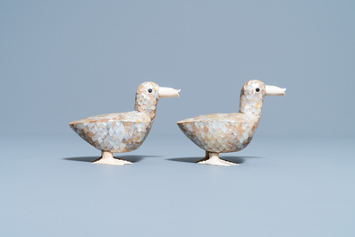 A pair of Chinese bone and mother-of-pearl models of ducks, 19th C.