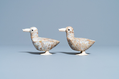 A pair of Chinese bone and mother-of-pearl models of ducks, 19th C.