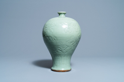 A Chinese Longquan celadon 'meiping' vase with 'Three friends of winter' design, Ming