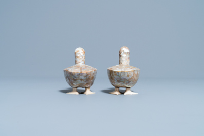 A pair of Chinese bone and mother-of-pearl models of ducks, 19th C.