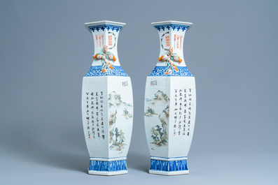A pair of Chinese hexagonal qianjiang cai vases, 19/20th C.