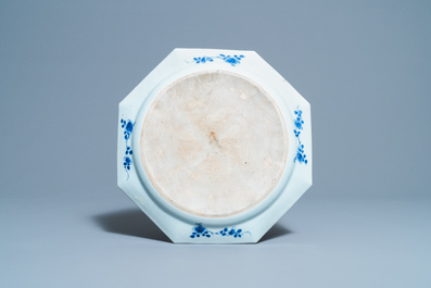 A Chinese octagonal blue and white dish with a boy, Kangxi