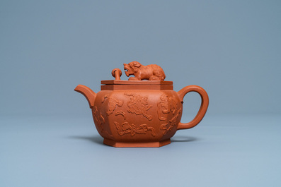 A Chinese hexagonal Yixing stoneware teapot and cover, Kangxi