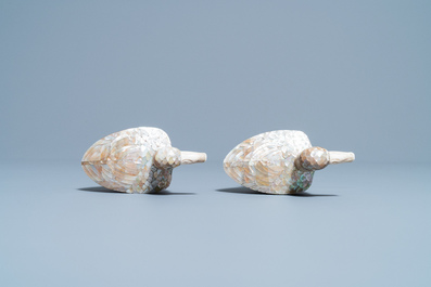 A pair of Chinese bone and mother-of-pearl models of ducks, 19th C.