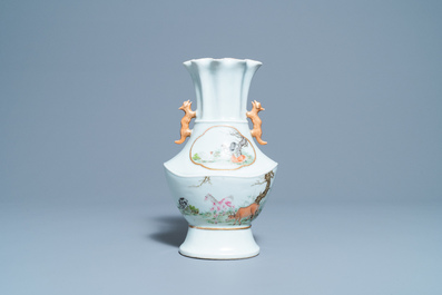 A Chinese famille rose vase with animals in a landscape, 19/20th C.