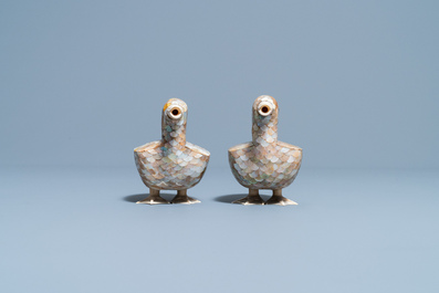 A pair of Chinese bone and mother-of-pearl models of ducks, 19th C.