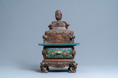 A large Chinese cloisonn&eacute; censer with jade, coral and turquoise inlay, 19th C.