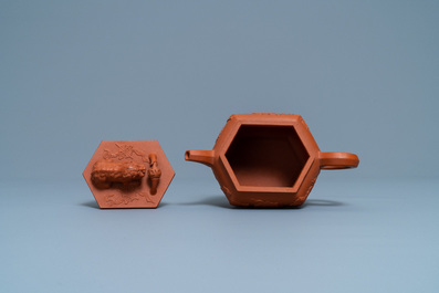 A Chinese hexagonal Yixing stoneware teapot and cover, Kangxi