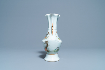 A Chinese famille rose vase with animals in a landscape, 19/20th C.
