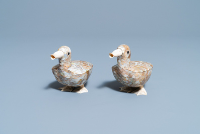 A pair of Chinese bone and mother-of-pearl models of ducks, 19th C.