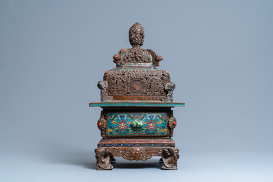 A large Chinese cloisonn&eacute; censer with jade, coral and turquoise inlay, 19th C.